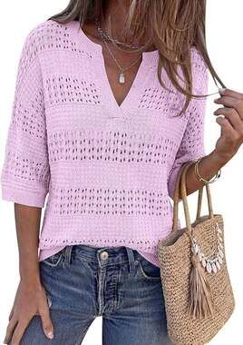 Summer Sweater Casual Hollow Out Crochet Knit Loose Fit Pullover Light Purple M